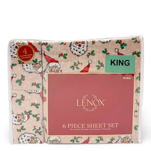 Lenox Vintage Style Santa Claus Face Holly Pink Christmas 6 Piece Sheet Set KING
